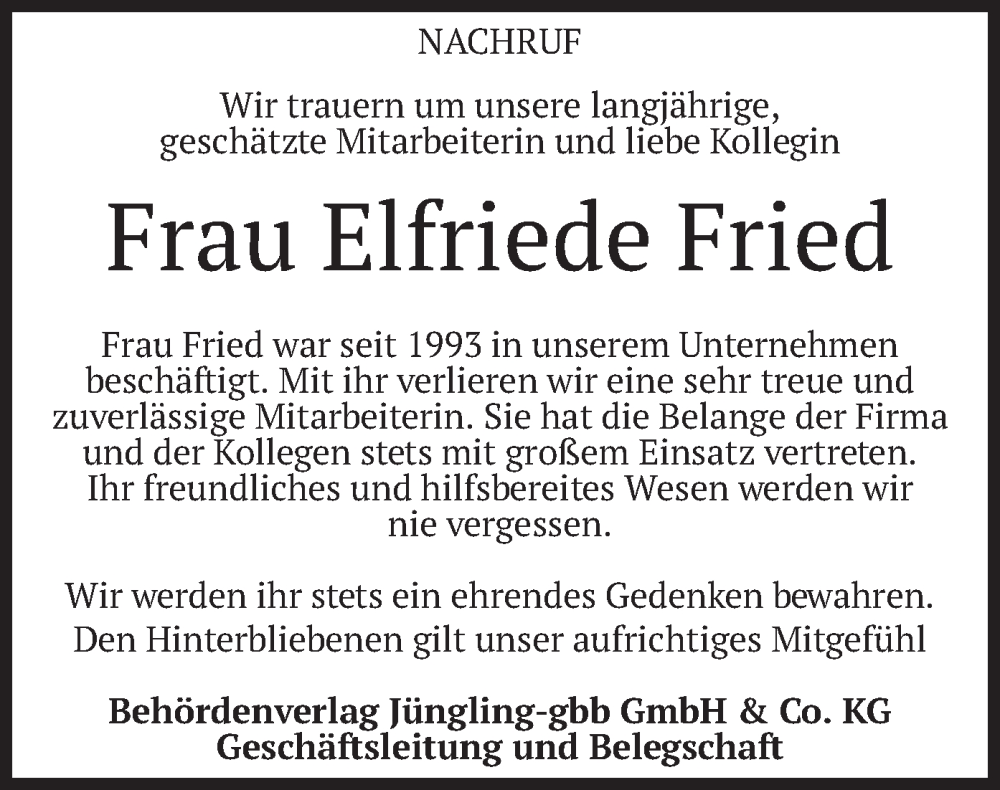  Traueranzeige für Elfriede Fried vom 10.12.2022 aus merkurtz