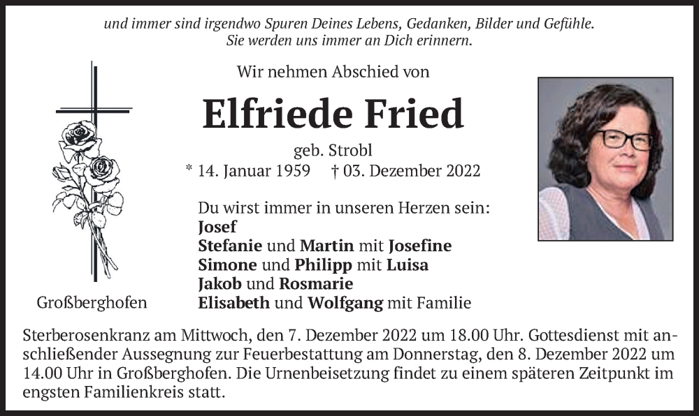  Traueranzeige für Elfriede Fried vom 06.12.2022 aus merkurtz