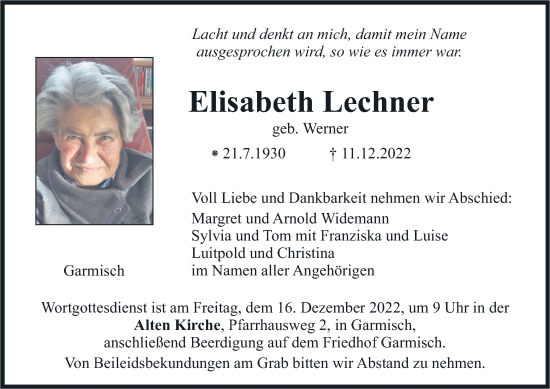 Traueranzeige von Elisabeth Lechner von merkurtz