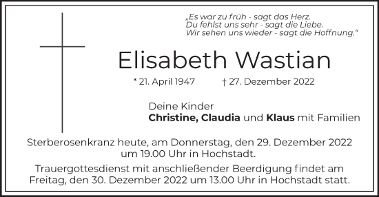 Traueranzeige von Elisabeth Wastian von merkurtz