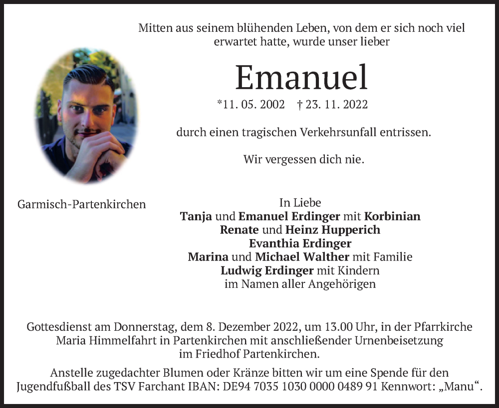  Traueranzeige für Emanuel Erdinger vom 03.12.2022 aus merkurtz