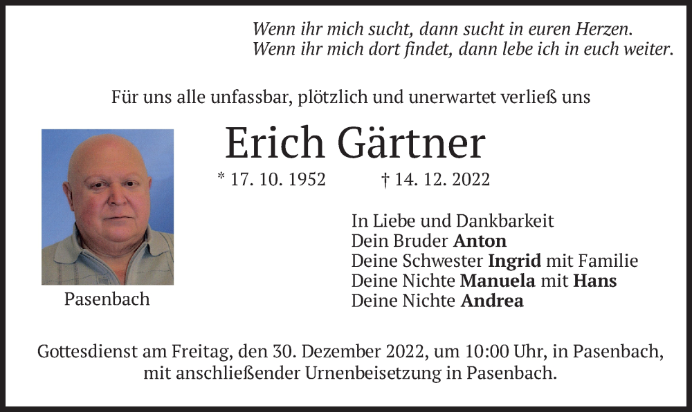  Traueranzeige für Erich Gärtner vom 27.12.2022 aus merkurtz