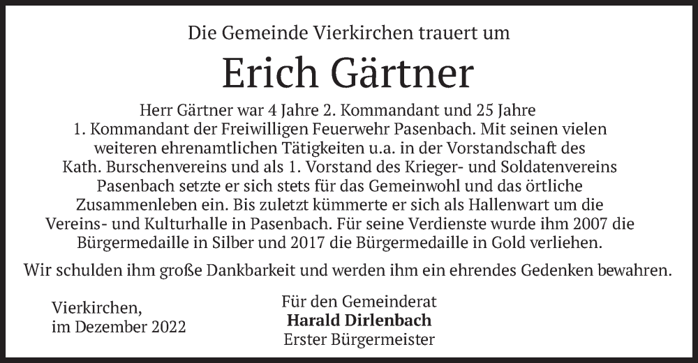  Traueranzeige für Erich Gärtner vom 27.12.2022 aus merkurtz
