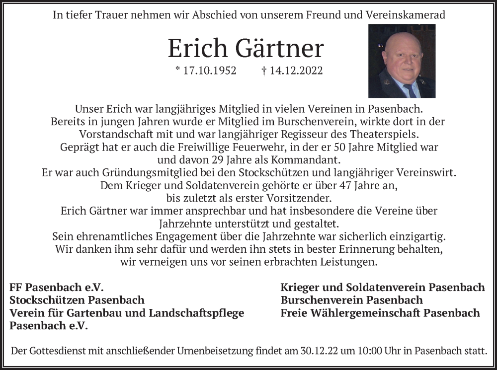 Traueranzeige für Erich Gärtner vom 28.12.2022 aus merkurtz