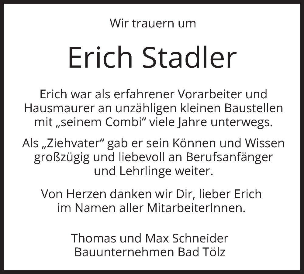  Traueranzeige für Erich Stadler vom 28.12.2022 aus merkurtz