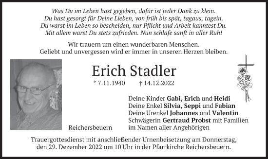 Traueranzeige von Erich Stadler von merkurtz