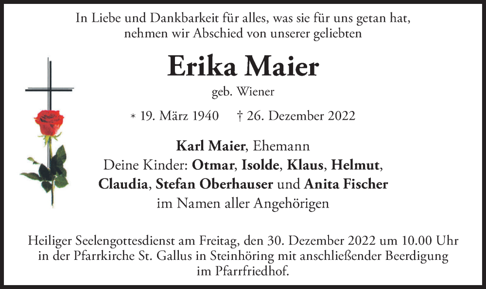  Traueranzeige für Erika Maier vom 29.12.2022 aus merkurtz