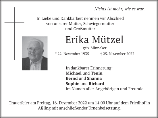 Traueranzeige von Erika Mützel von merkurtz
