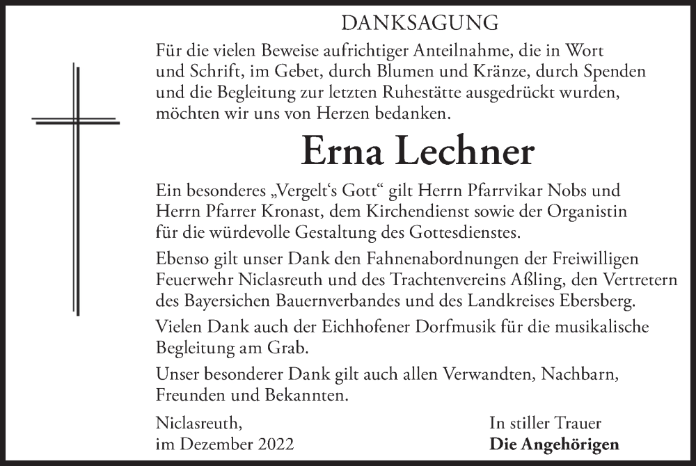  Traueranzeige für Erna Lechner vom 07.12.2022 aus merkurtz