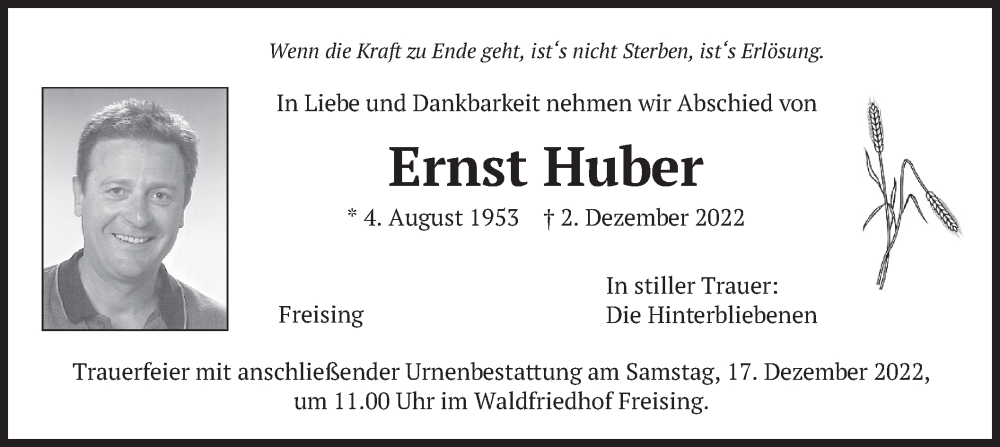  Traueranzeige für Ernst Huber vom 15.12.2022 aus merkurtz