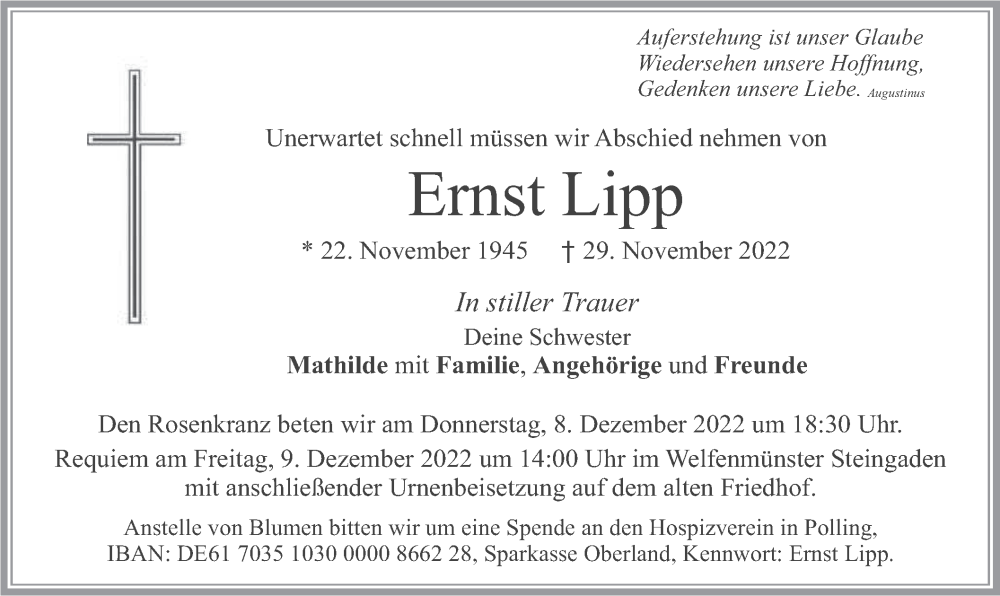  Traueranzeige für Ernst Lipp vom 06.12.2022 aus merkurtz