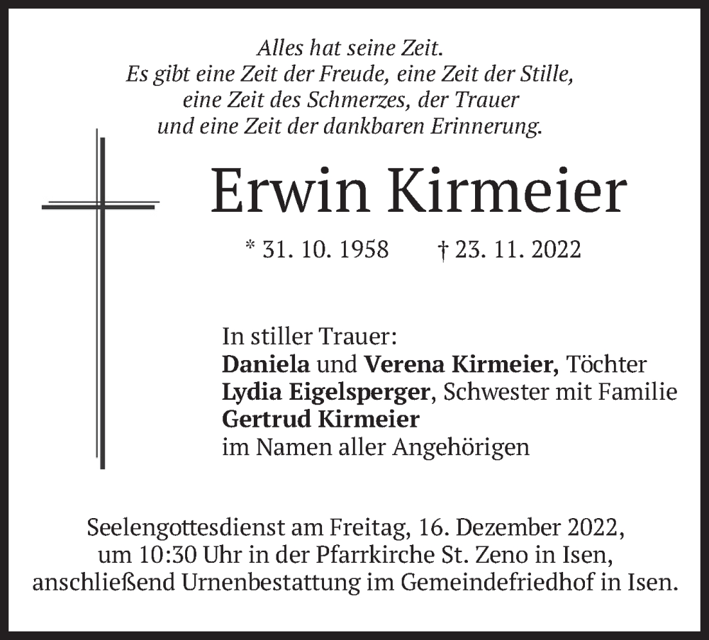  Traueranzeige für Erwin Kirmeier vom 13.12.2022 aus merkurtz