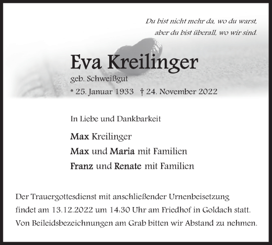 Traueranzeige von Eva Kreilinger von merkurtz