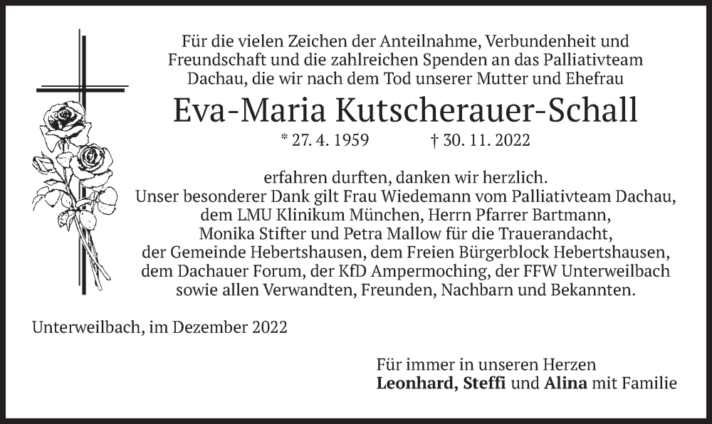  Traueranzeige für Eva-Maria Kutscherauer-Schall vom 30.12.2022 aus merkurtz