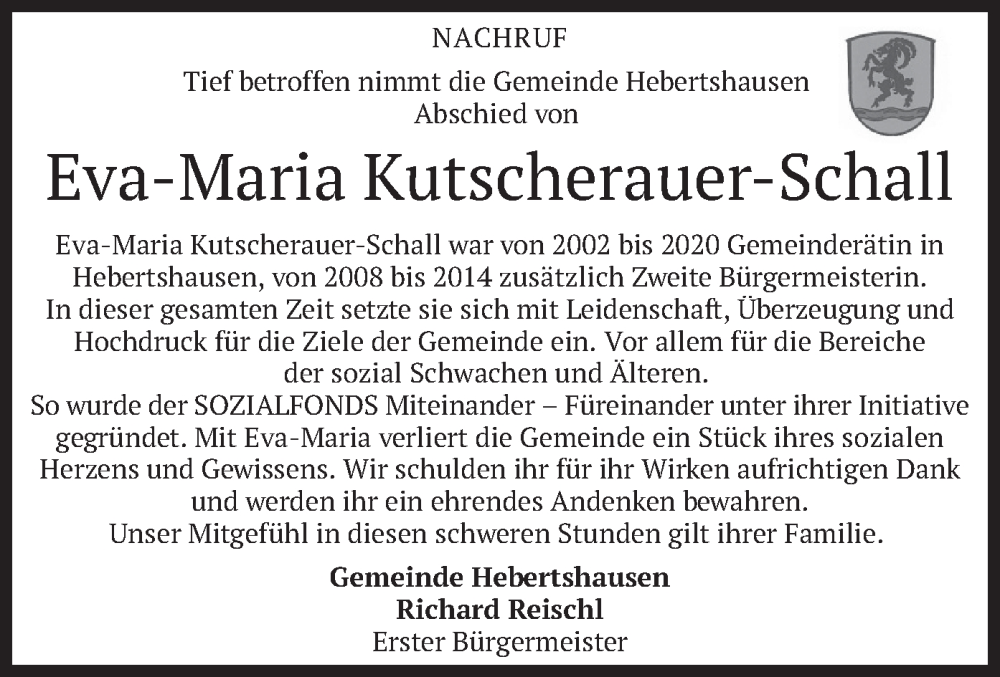  Traueranzeige für Eva-Maria Kutscherauer-Schall vom 09.12.2022 aus merkurtz