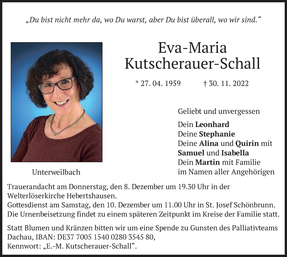  Traueranzeige für Eva-Maria Kutscherauer-Schall vom 06.12.2022 aus merkurtz