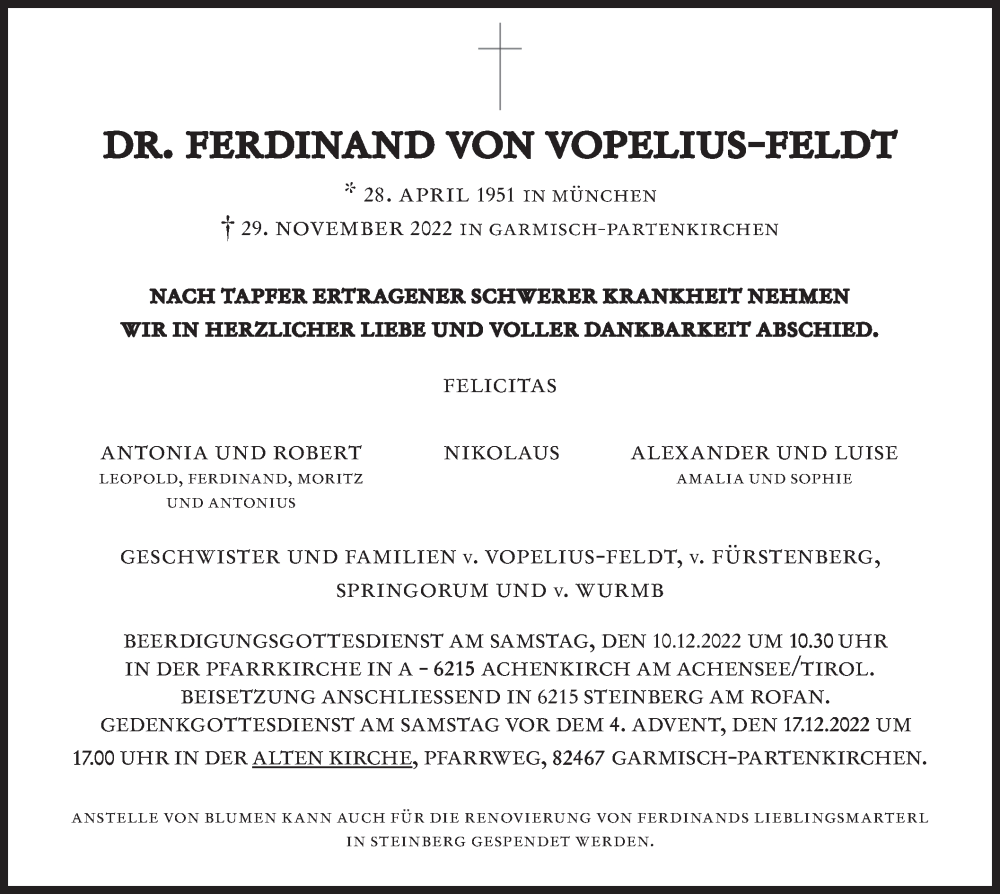  Traueranzeige für Ferdinand von Vopelius-Feldt vom 03.12.2022 aus merkurtz