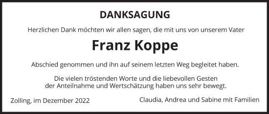 Traueranzeige von Franz Koppe von merkurtz