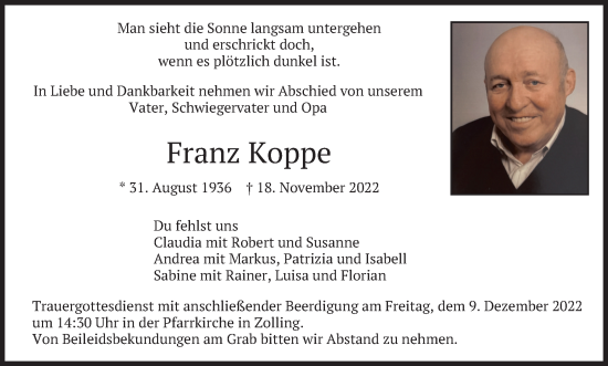 Traueranzeige von Franz Koppe von merkurtz