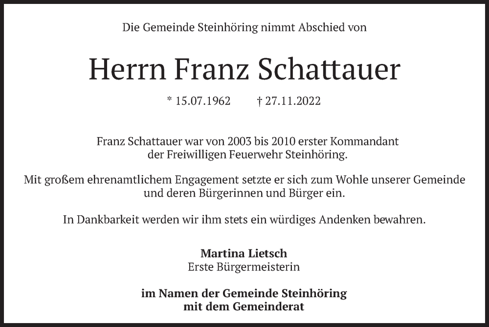  Traueranzeige für Franz Schattauer vom 07.12.2022 aus merkurtz