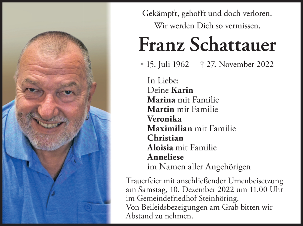 Traueranzeige für Franz Schattauer vom 03.12.2022 aus merkurtz