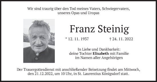 Traueranzeige von Franz Steinig von merkurtz