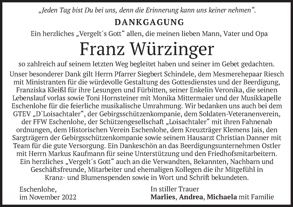  Traueranzeige für Franz Würzinger vom 03.12.2022 aus merkurtz