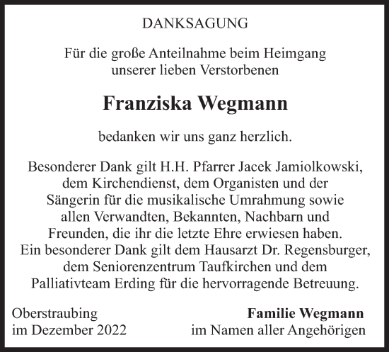 Traueranzeige von Franziska Wegmann von merkurtz