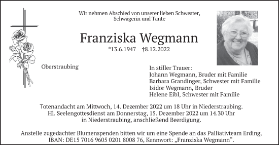 Traueranzeige von Franziska Wegmann von merkurtz