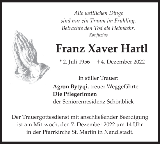 Traueranzeige von Franz Xaver Hartl von merkurtz