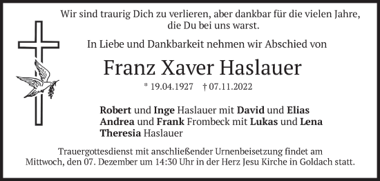 Traueranzeige von Franz Xaver Haslauer von merkurtz