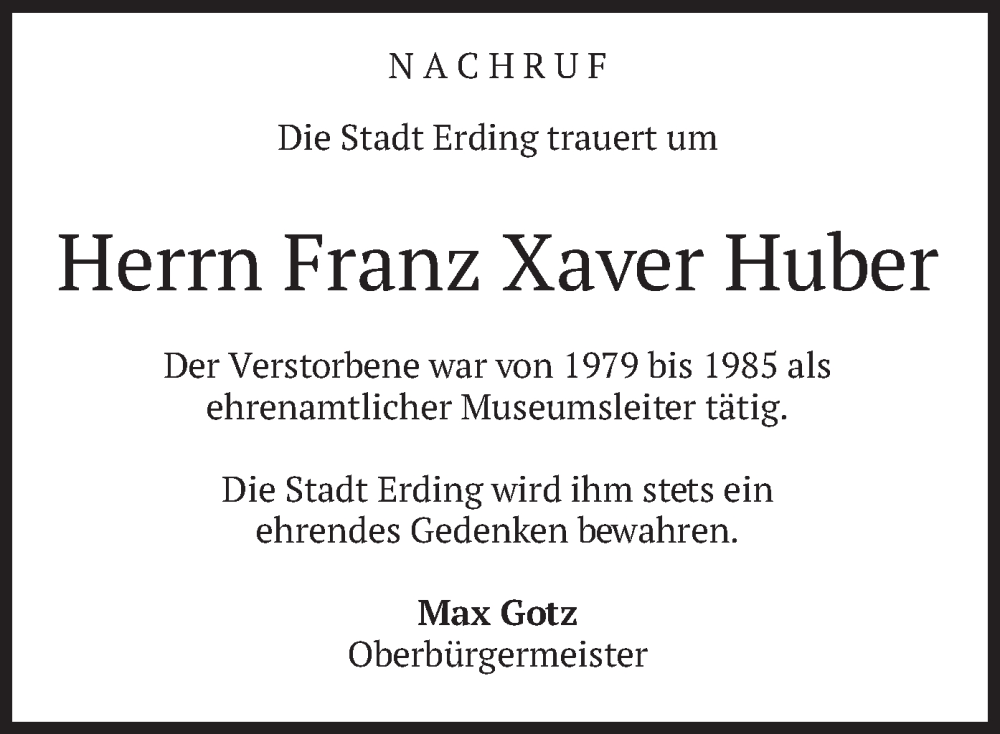  Traueranzeige für Franz Xaver Huber vom 07.12.2022 aus merkurtz