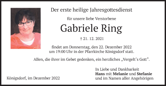Traueranzeige von Gabriele Ring von merkurtz