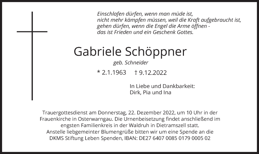  Traueranzeige für Gabriele Schöppner vom 17.12.2022 aus merkurtz