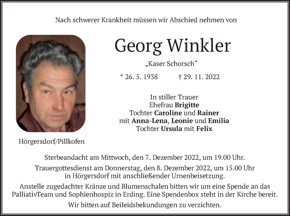  Traueranzeige für Georg Winkler vom 05.12.2022 aus merkurtz
