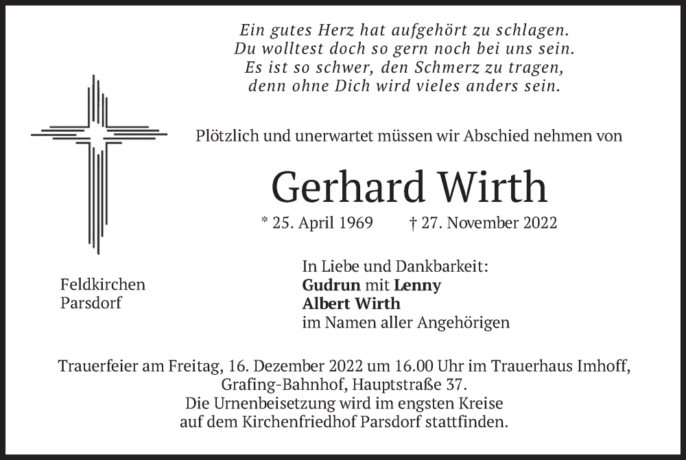  Traueranzeige für Gerhard Wirth vom 03.12.2022 aus merkurtz