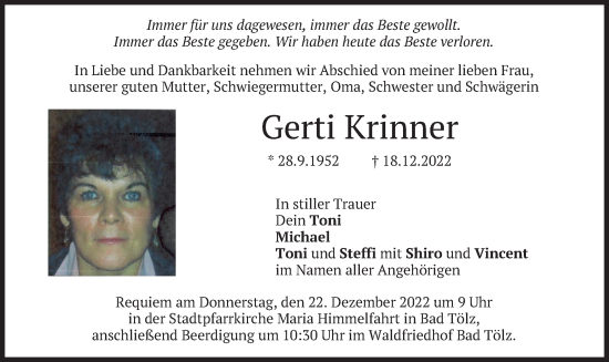 Traueranzeige von Gerti Krinner von merkurtz