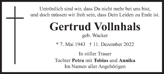 Traueranzeige von Gertrud Vollnhals von merkurtz