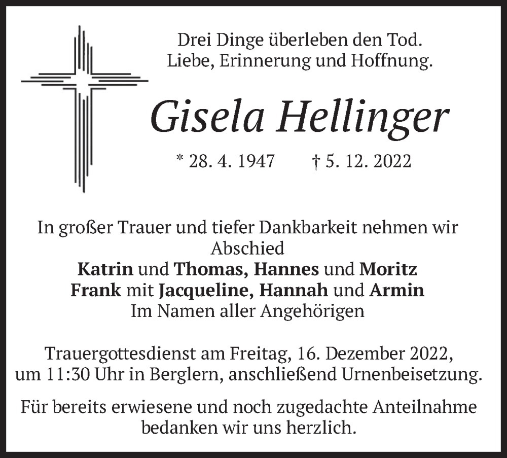  Traueranzeige für Gisela Hellinger vom 15.12.2022 aus merkurtz