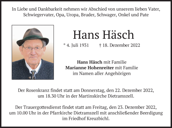 Traueranzeige von Hans Häsch von merkurtz