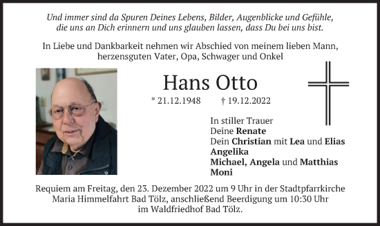 Traueranzeige von Hans Otto von merkurtz