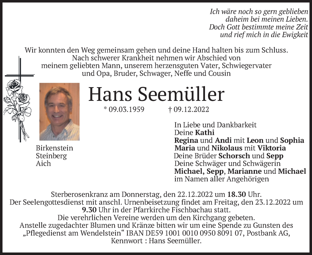  Traueranzeige für Hans Seemüller vom 20.12.2022 aus merkurtz