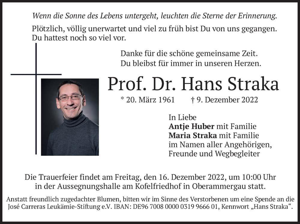  Traueranzeige für Hans Straka vom 14.12.2022 aus merkurtz