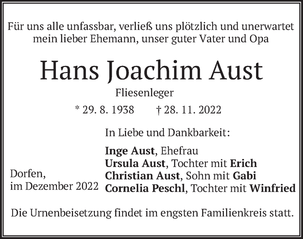  Traueranzeige für Hans Joachim Aust vom 03.12.2022 aus merkurtz