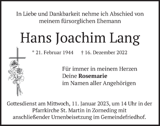 Traueranzeige von Hans Joachim Lang von merkurtz