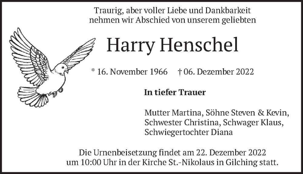  Traueranzeige für Harry Henschel vom 17.12.2022 aus merkurtz