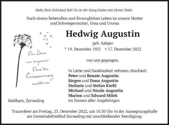 Traueranzeige von Hedwig Augustin von merkurtz