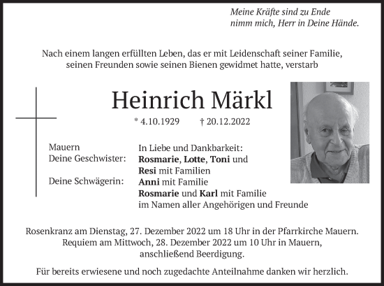 Traueranzeige von Heinrich Märkl von merkurtz
