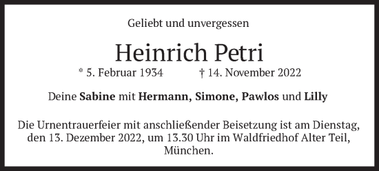 Traueranzeige von Heinrich Petri von merkurtz