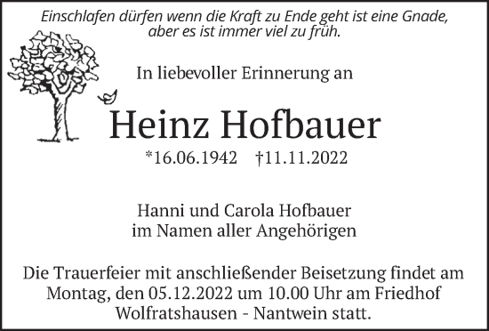 Traueranzeige von Heinz Hofbauer von merkurtz